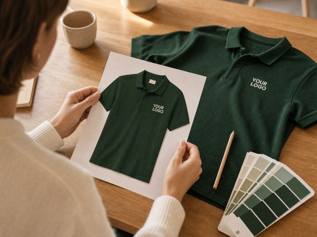 Designer comparing a printed proof against the real green polo