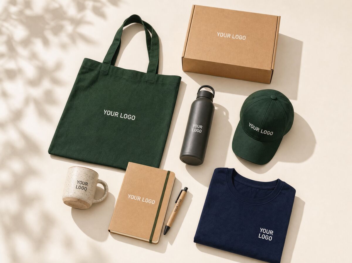 Flat-lay of a branded merchandise range